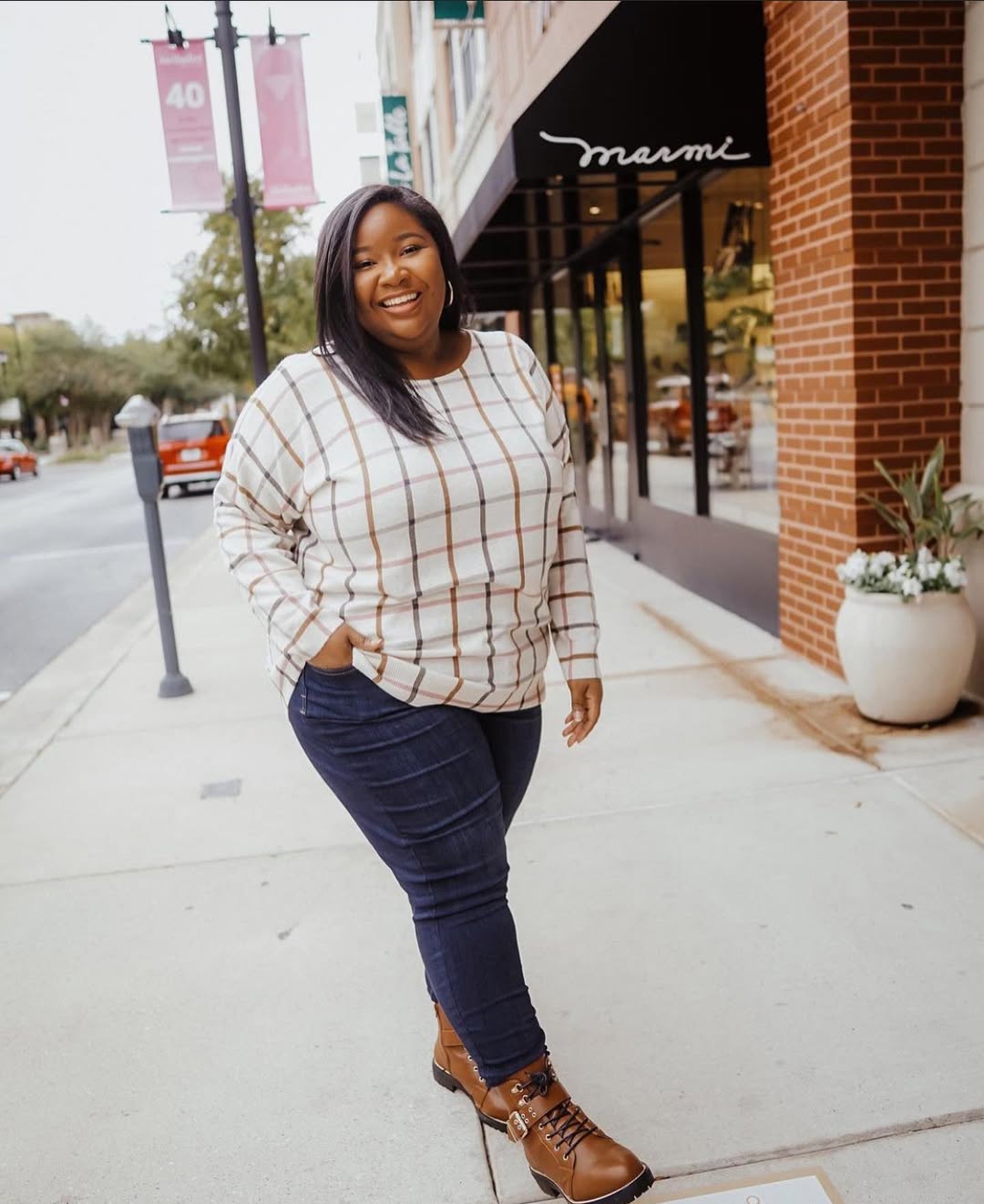 Casual Plaid Top With Dark Wash Jeans and Boots