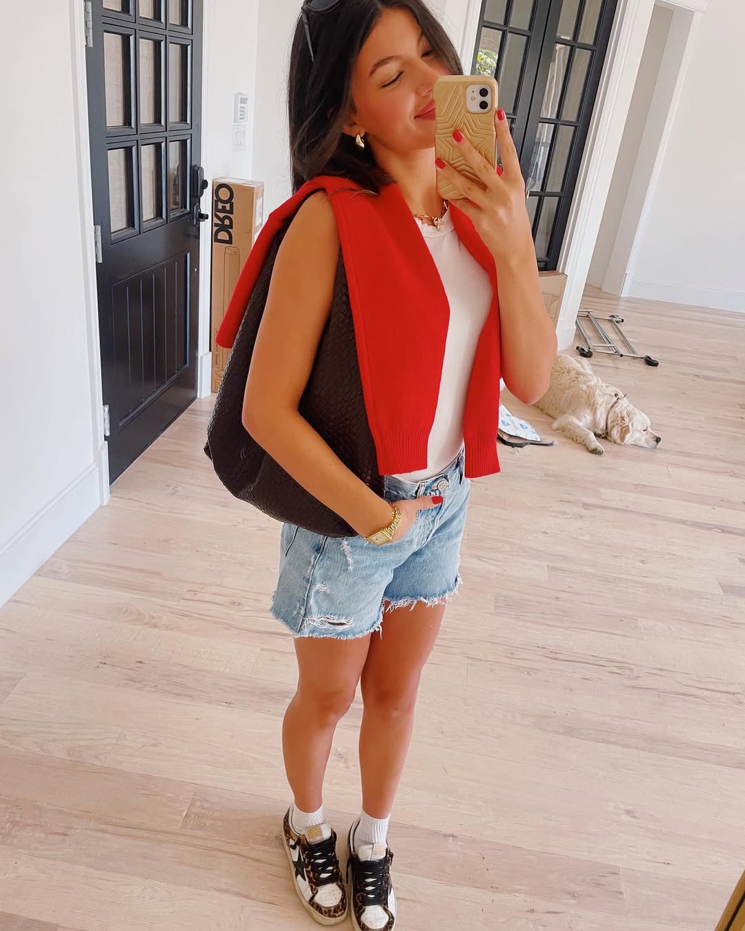 Casual Red Sweater Tied Overs Denim Shorts