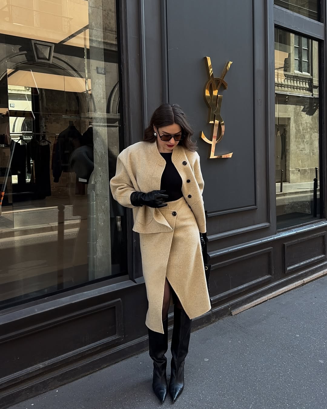 Chic Beige Skirt Suit with Black Leather Accents