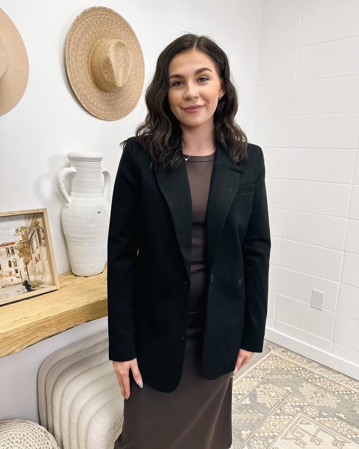 Chic Black Blazer Over Mocha Sheer Midi Dress