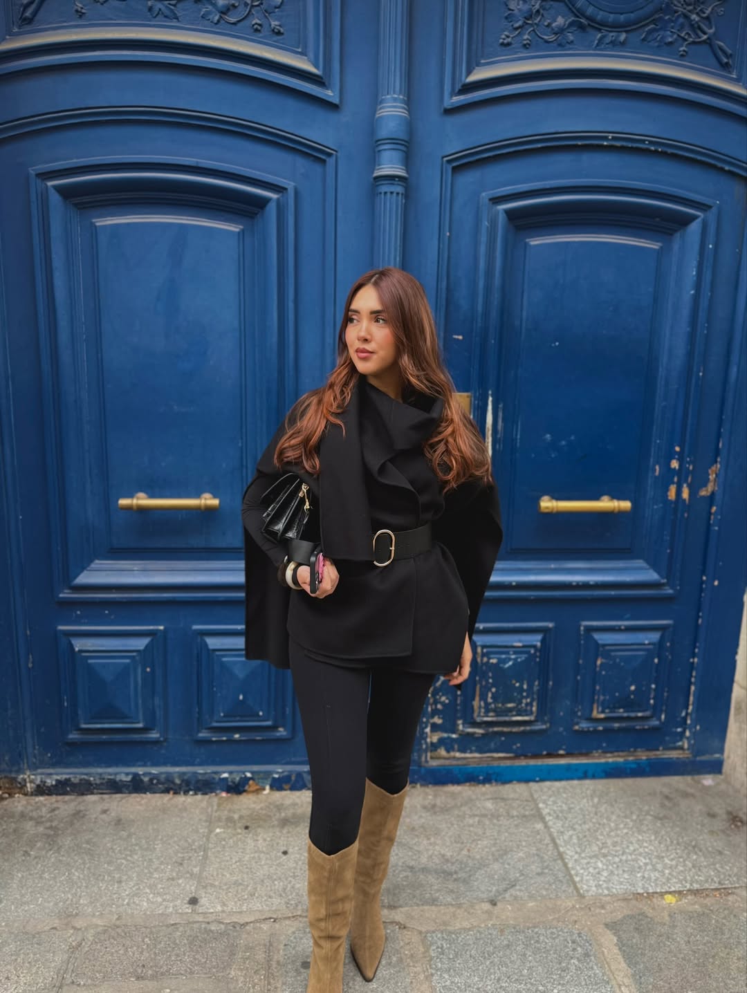 Chic Black Cape Blazer With Suede Boots