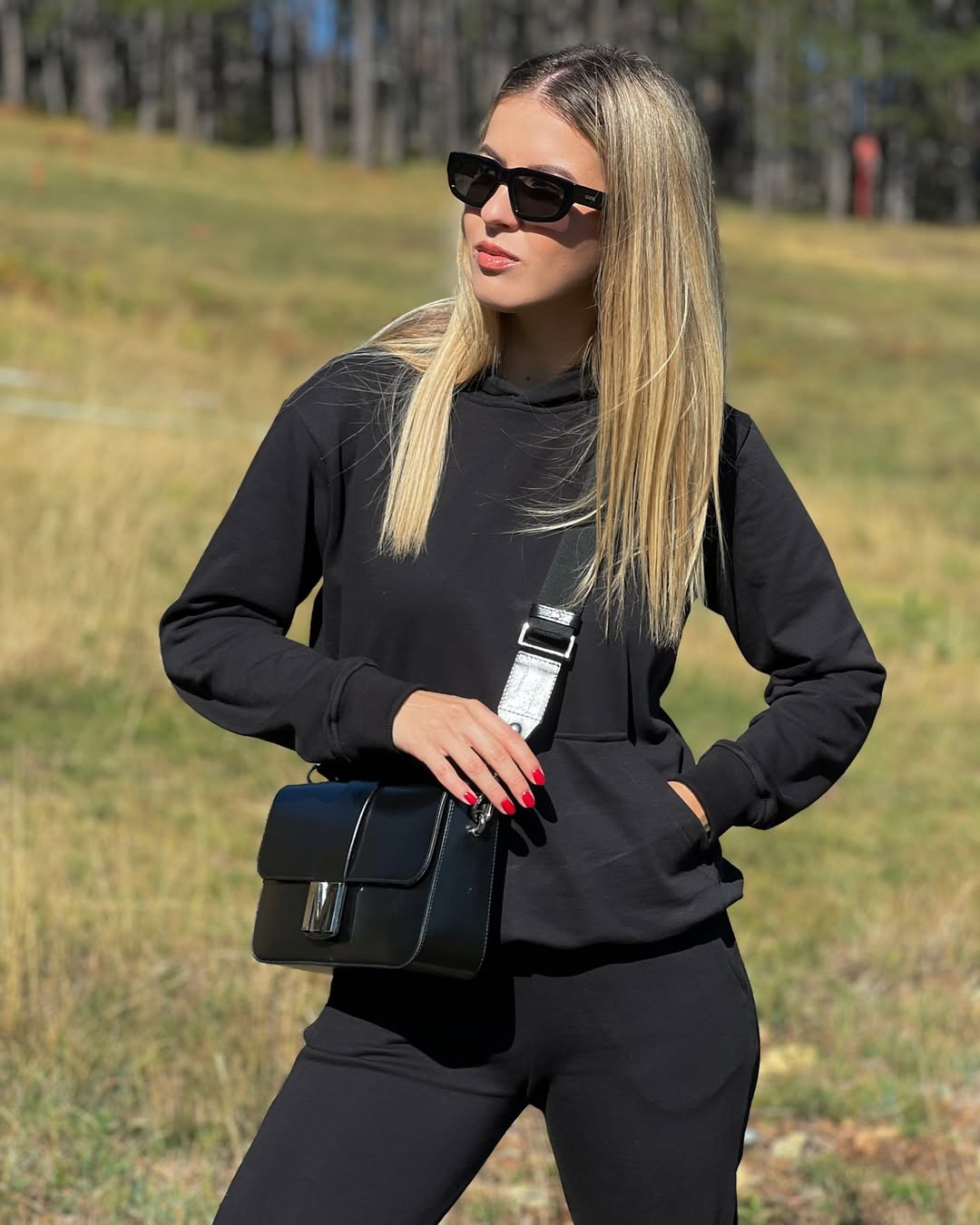 Chic Black Jogger Set With Edgy Sunglasses