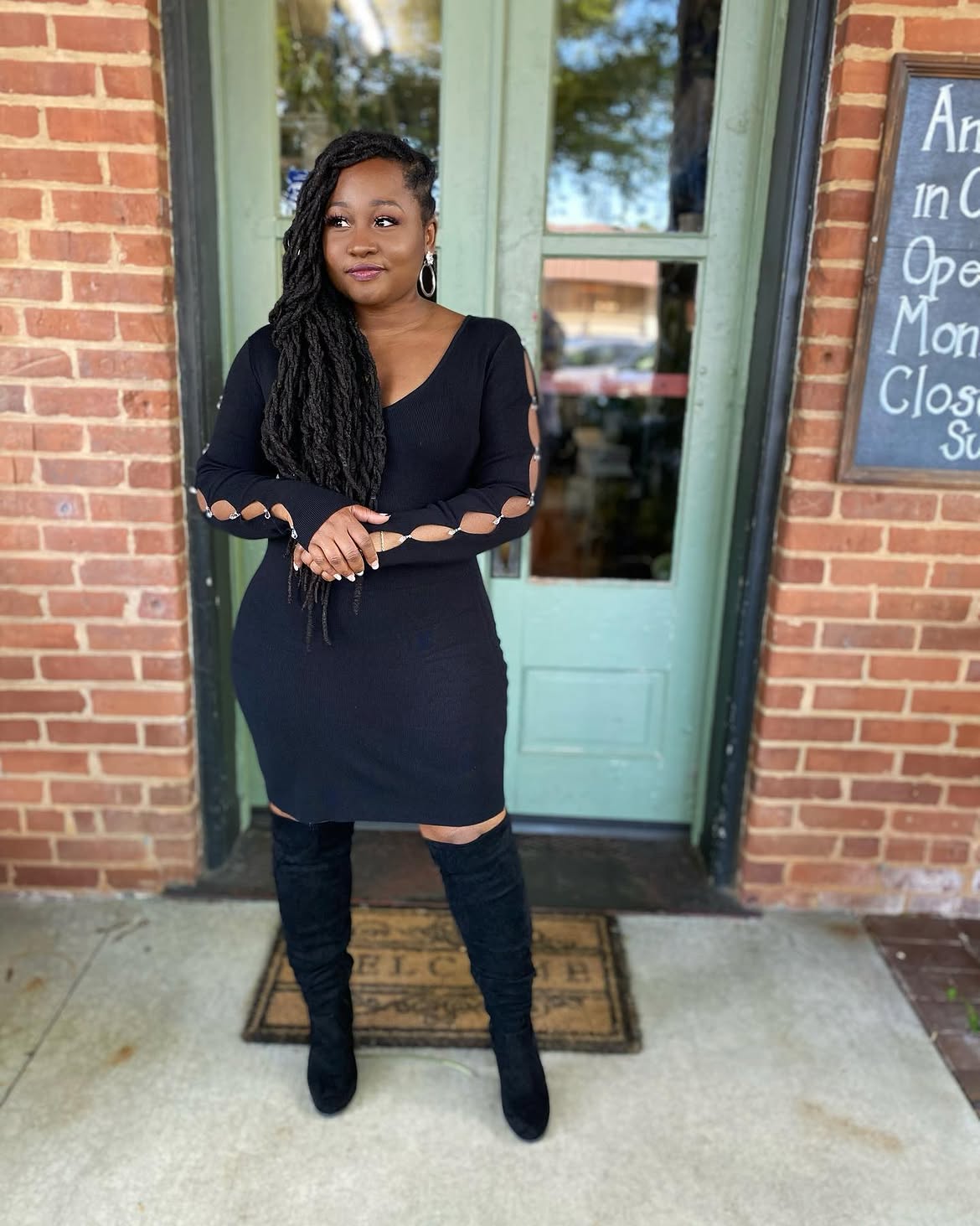 Chic Black Knit Dress With Over-the-Knee Boots