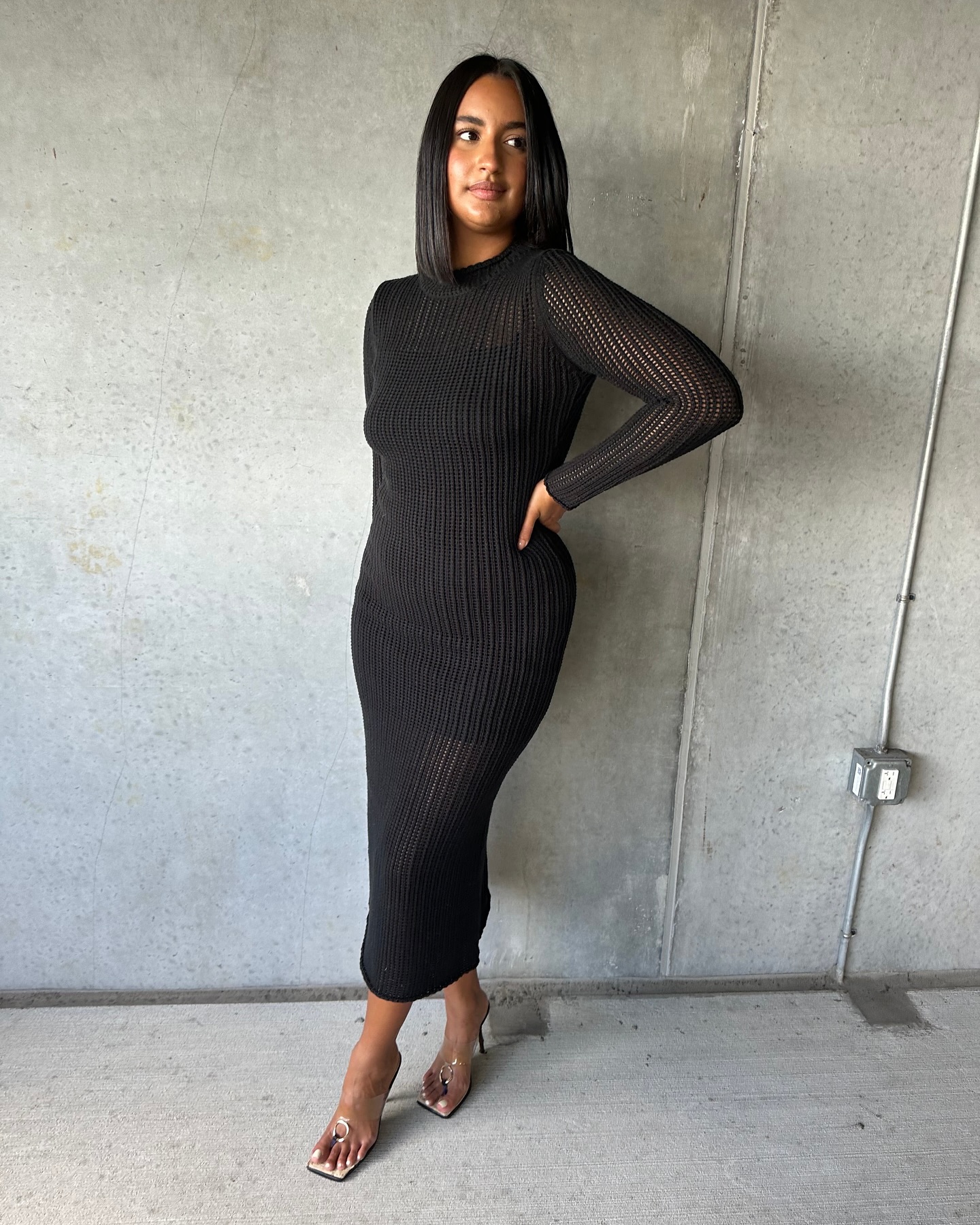 Chic Black Knit Midi Dress With Clear Heels