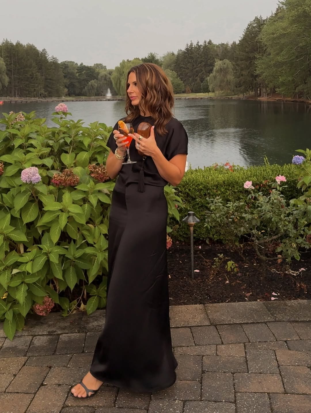 Chic Black Satin Maxi Dress With Strappy Heels