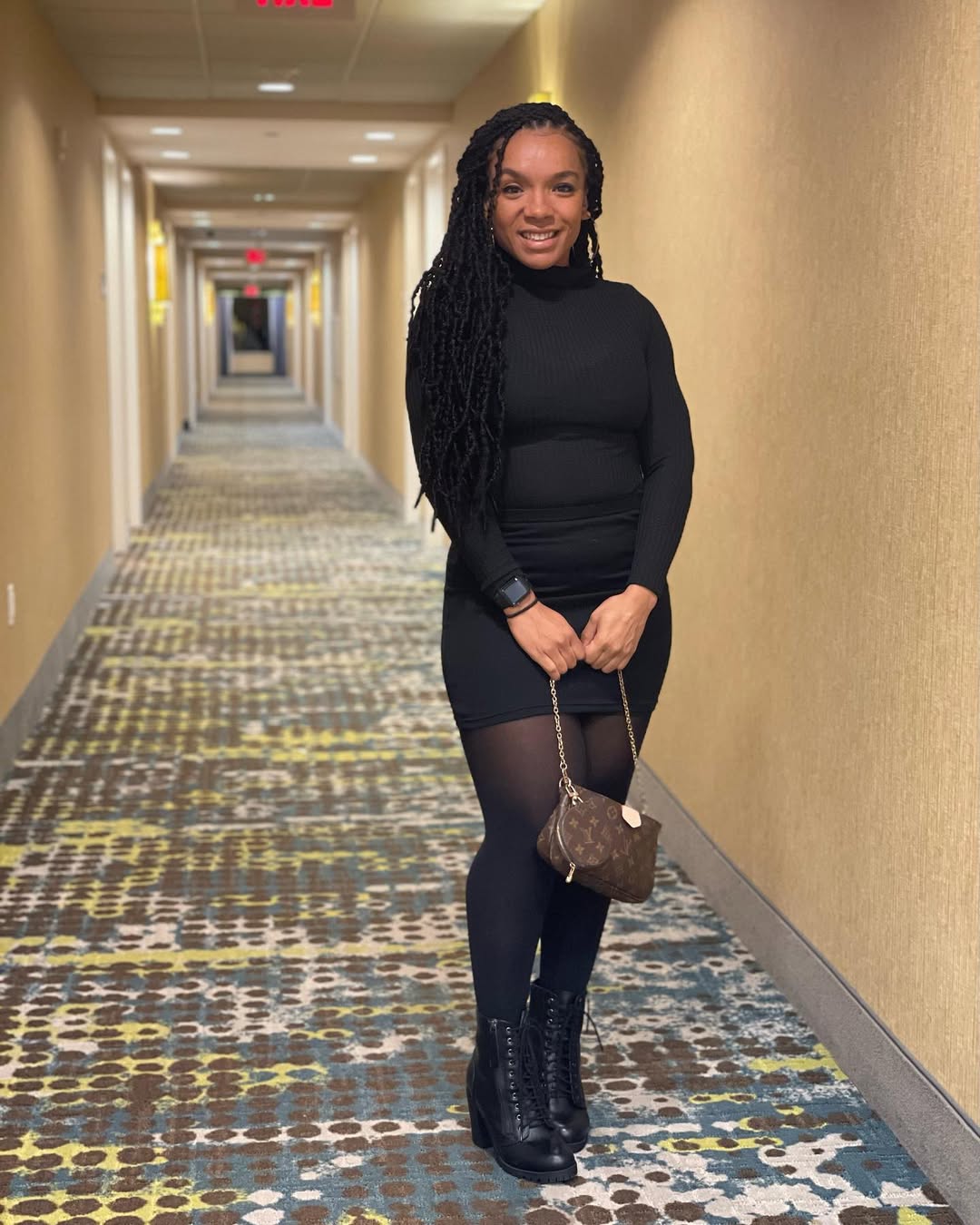 Chic Black Turtleneck Dress With Combat Boots