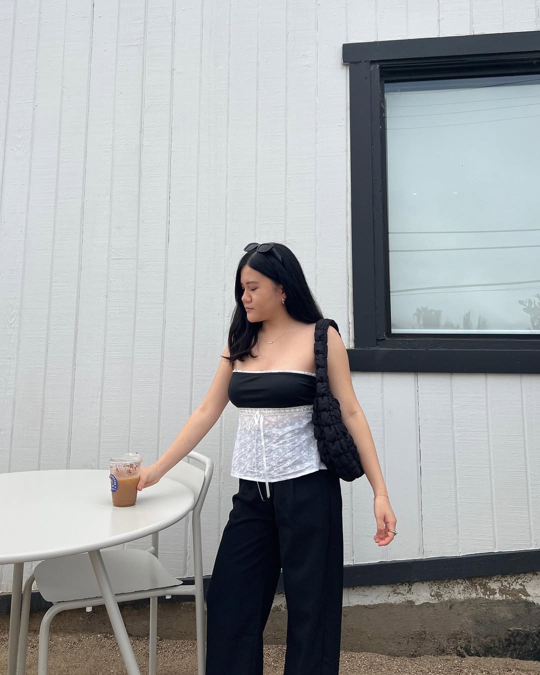 Chic Black Wide Leg Trousers With Lace Corset Top
