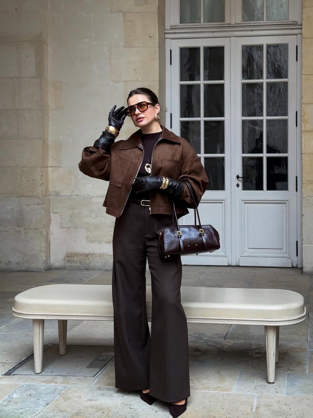Chic Brown Cropped Jacket And Wide Leg Trouser Ensemble