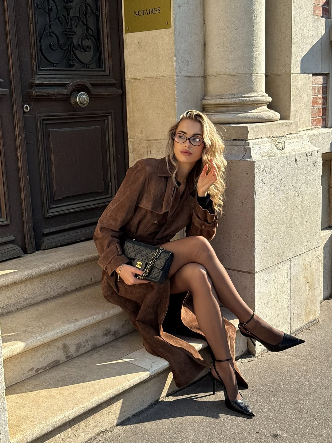 Chic Brown Suede Trench with Black Heels