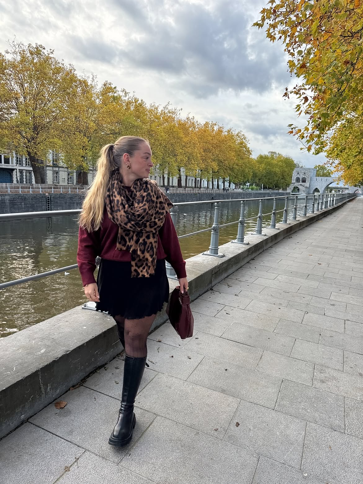 Chic Burgundy Sweater With Black Mini Skirt And Boots