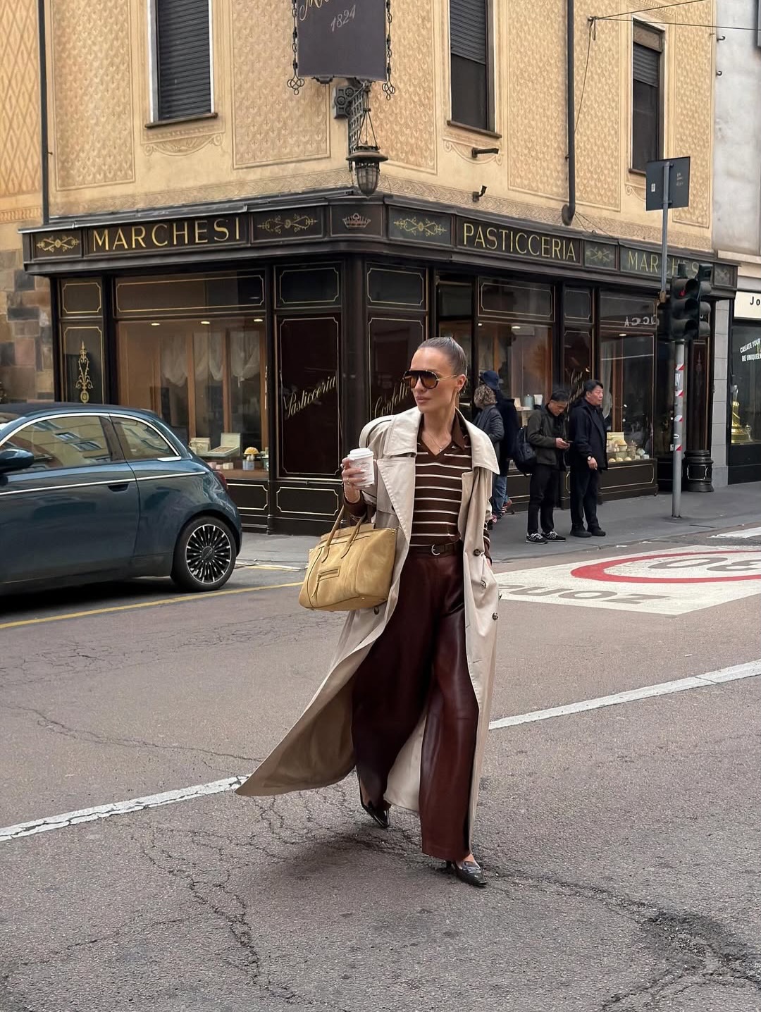 Chic Chocolate Leather Wide-Leg Pants Outfit