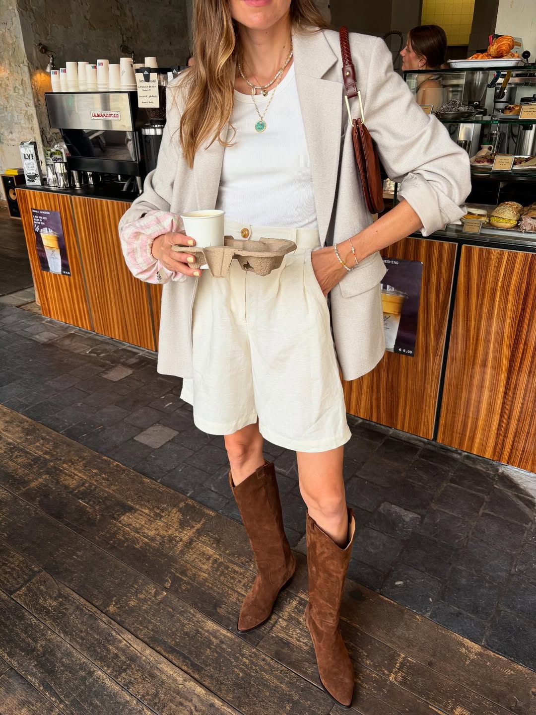 Chic Cream Blazer With Wide Leg Shorts Look