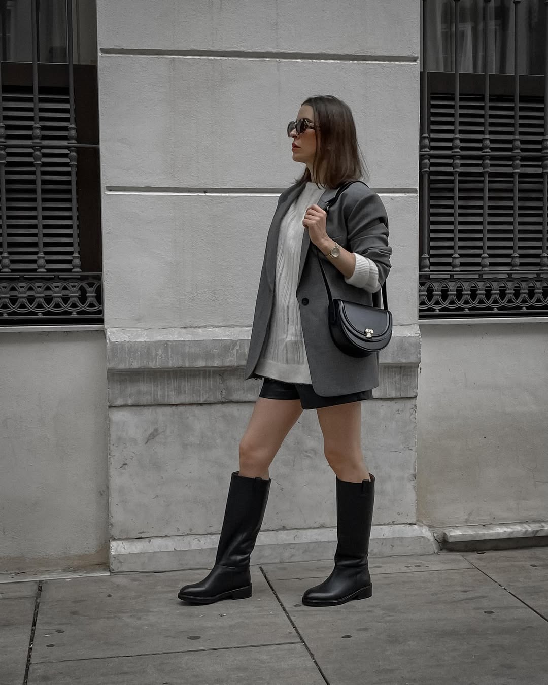 Chic Grey Blazer And Leather Shorts Outfit