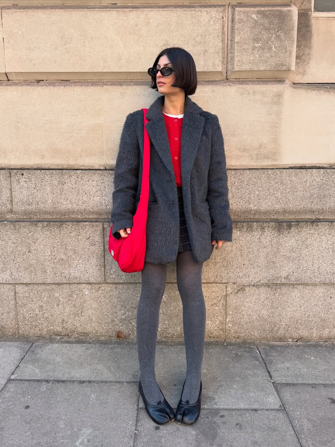 Chic Grey Fuzzy Blazer With Red Cardigan Ensemble