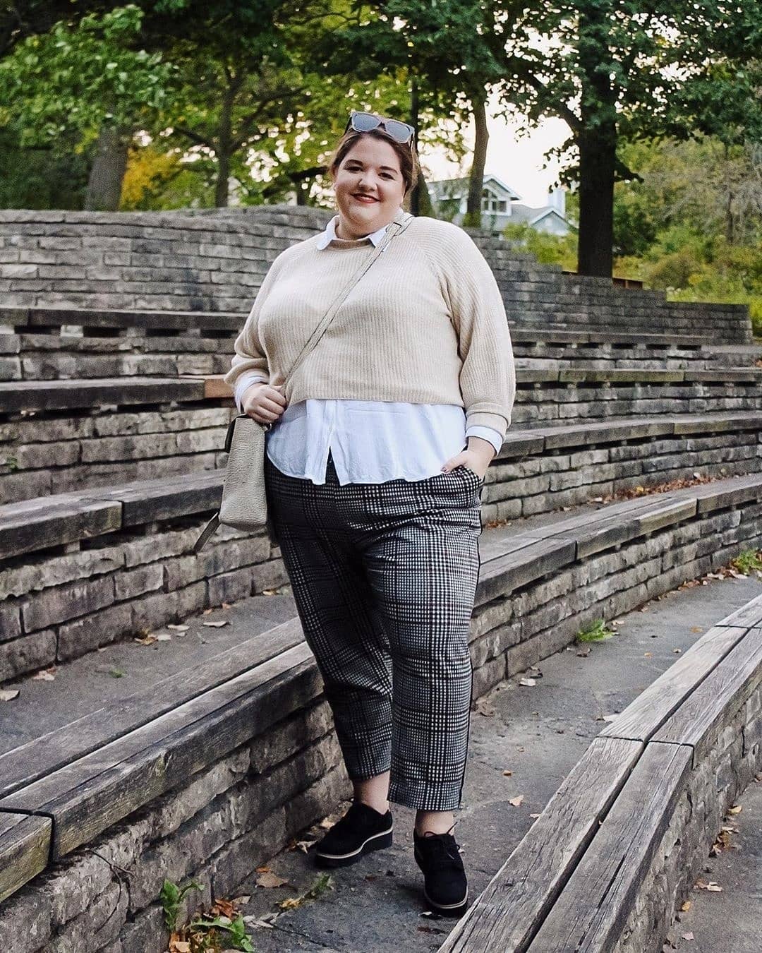 Chic Plaid Trousers With Layered Knit & Collared Shirt