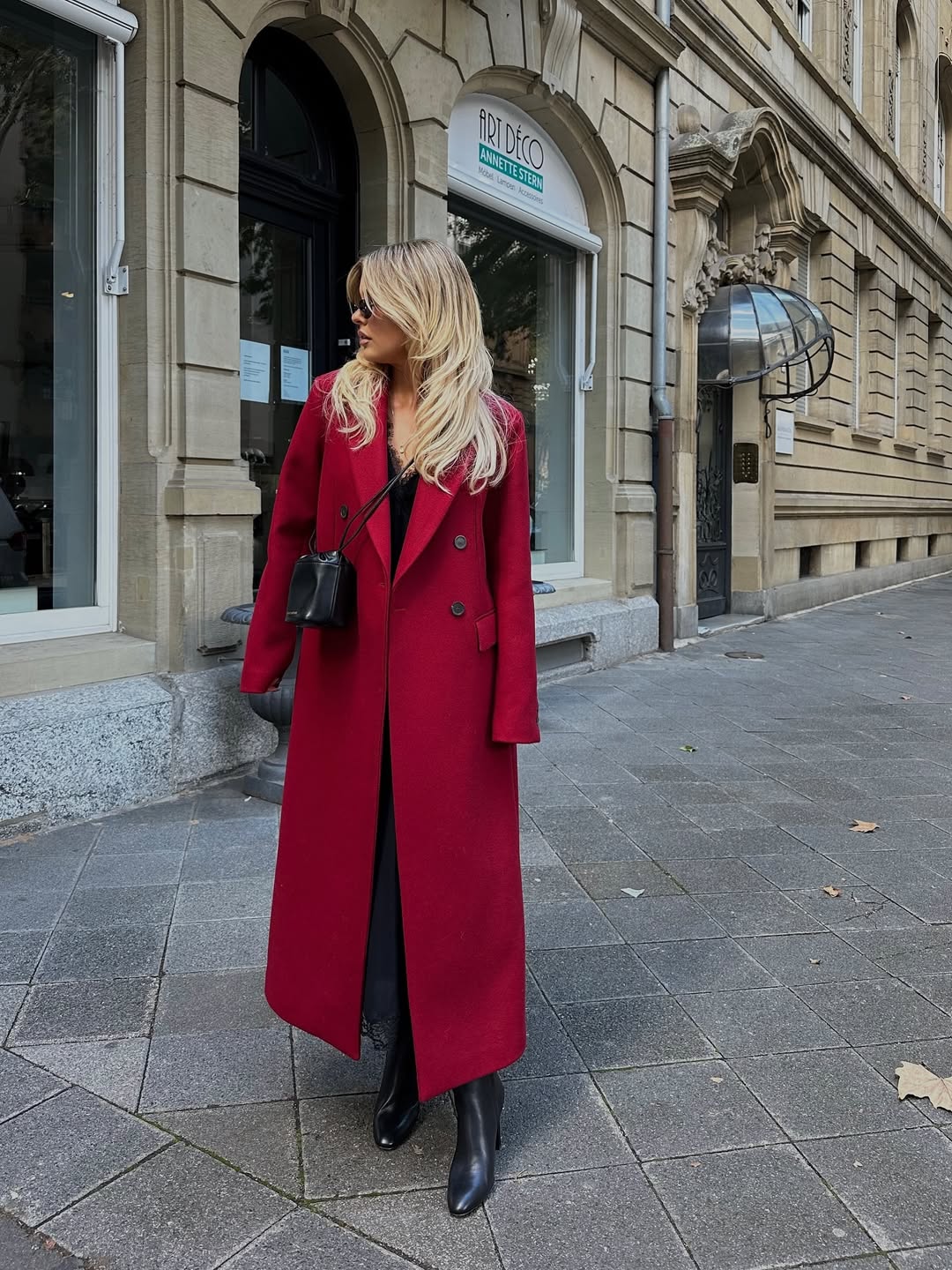 Chic Red Maxi Coat With Black Lace Trim Accents