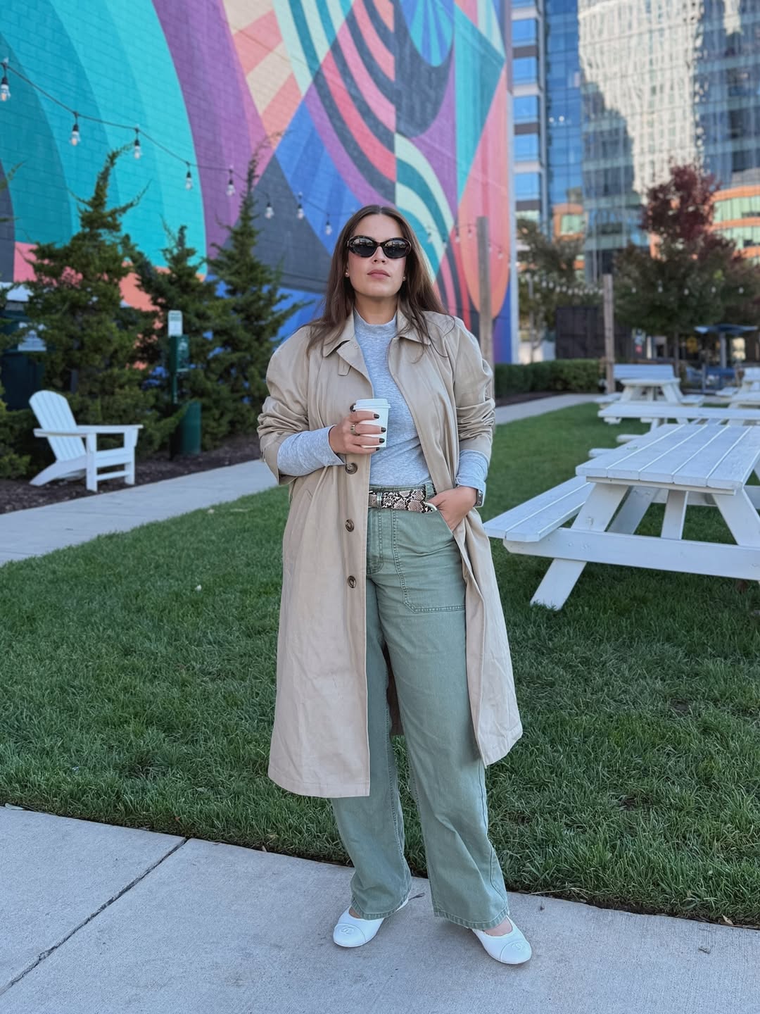 Chic Trench Coat Over Grey Turtleneck and Olive Cargo Pants