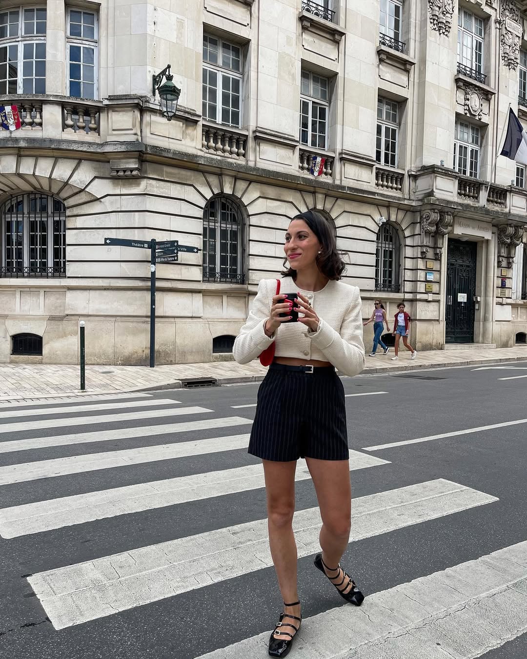 Chic Tweed Cropped Jacket And Pinstripe Shorts Ensemble