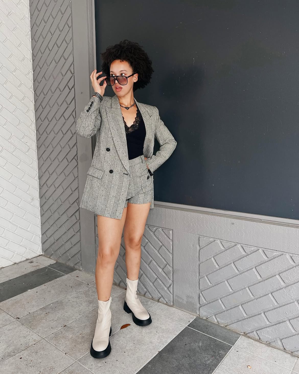 Chic Tweed Short Suit With Lace Camisole