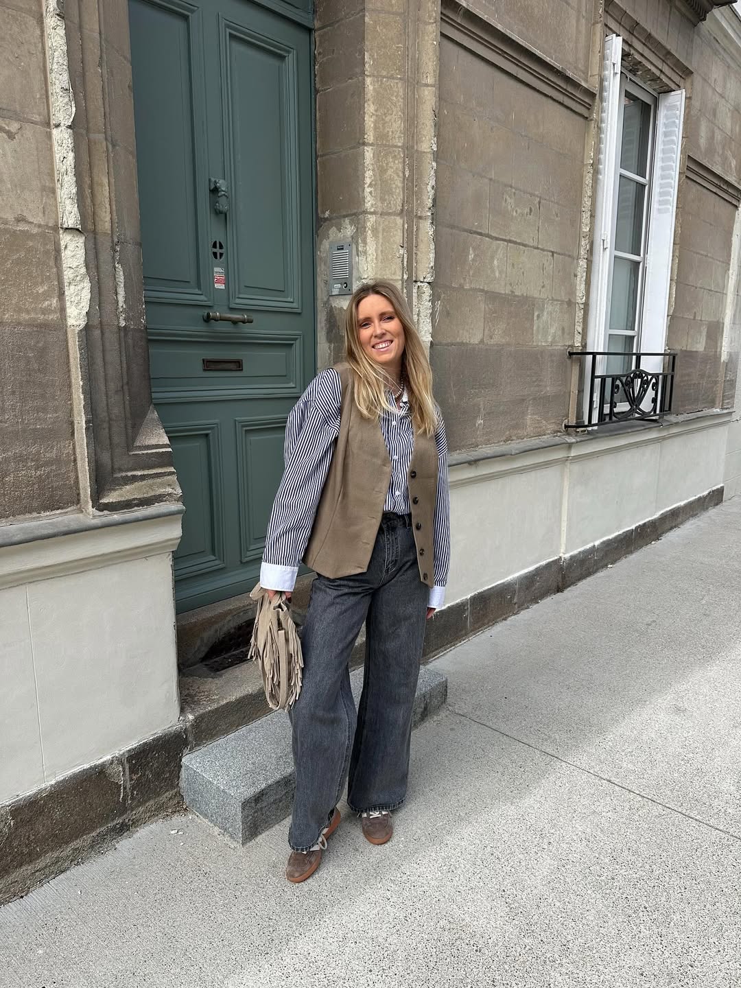 Chic Vest Over Striped Shirt With Wide Leg Jeans