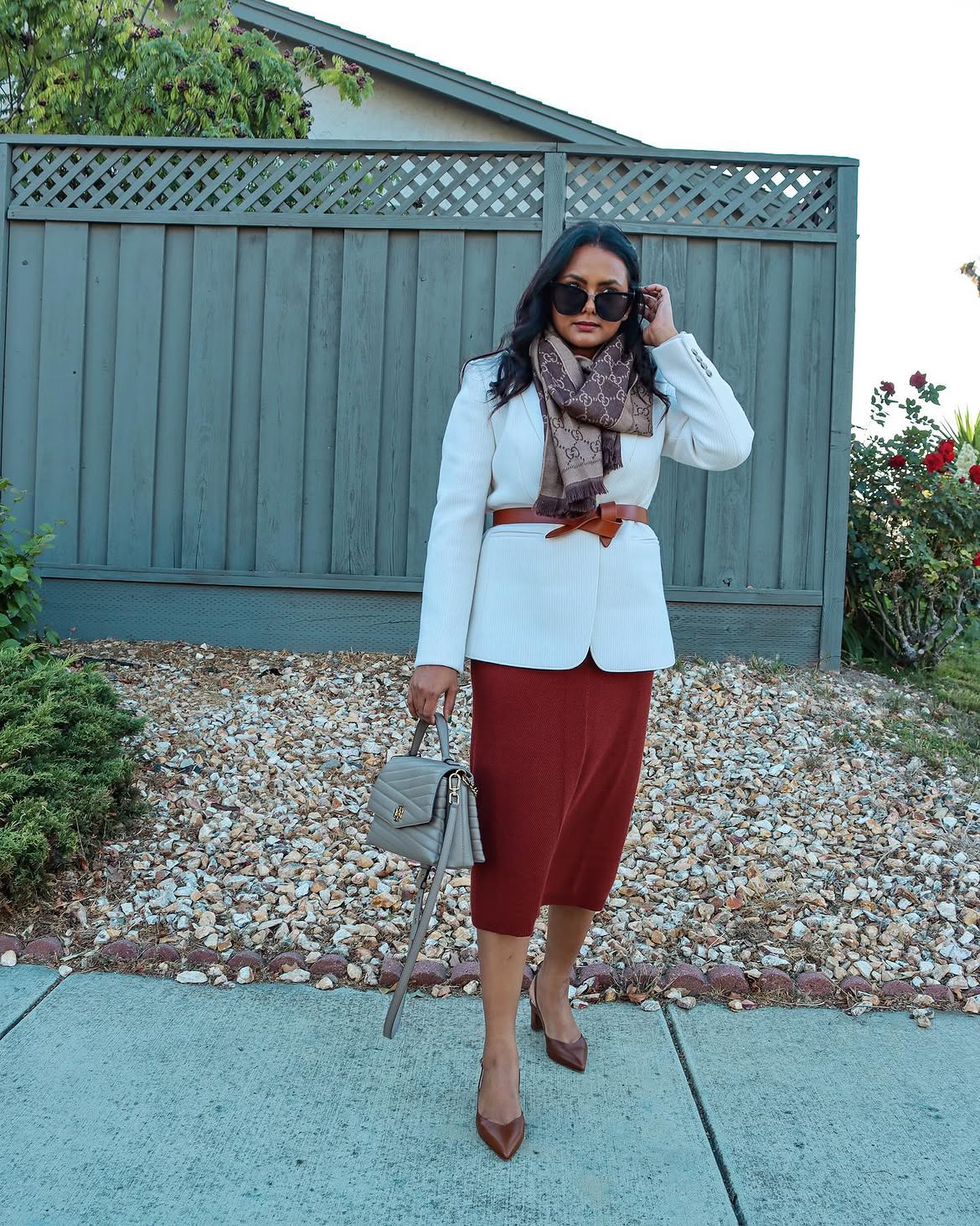 Chic White Blazer With Rust Knit Midi Skirt