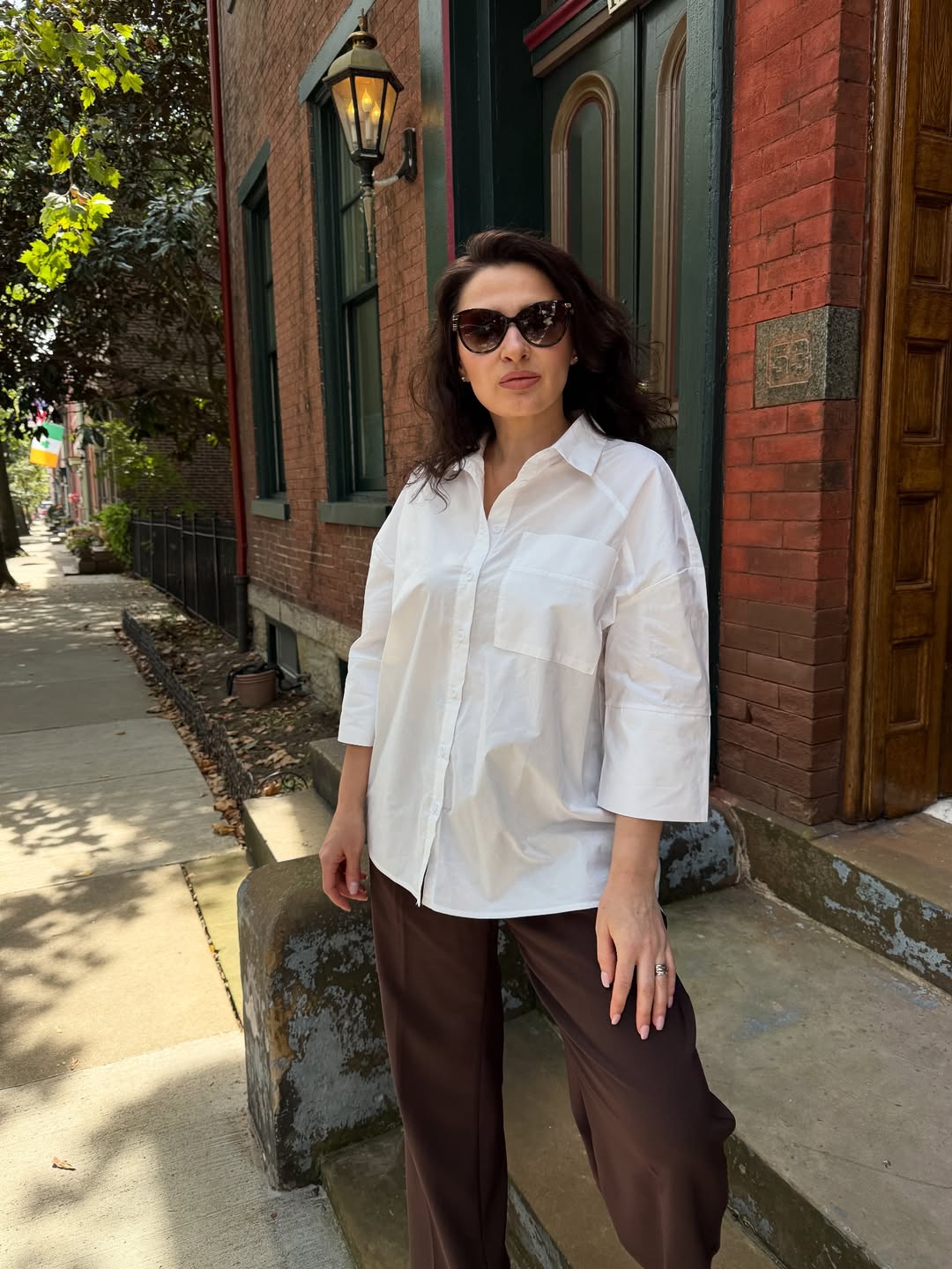 Chic White Button-Down and Brown Trousers