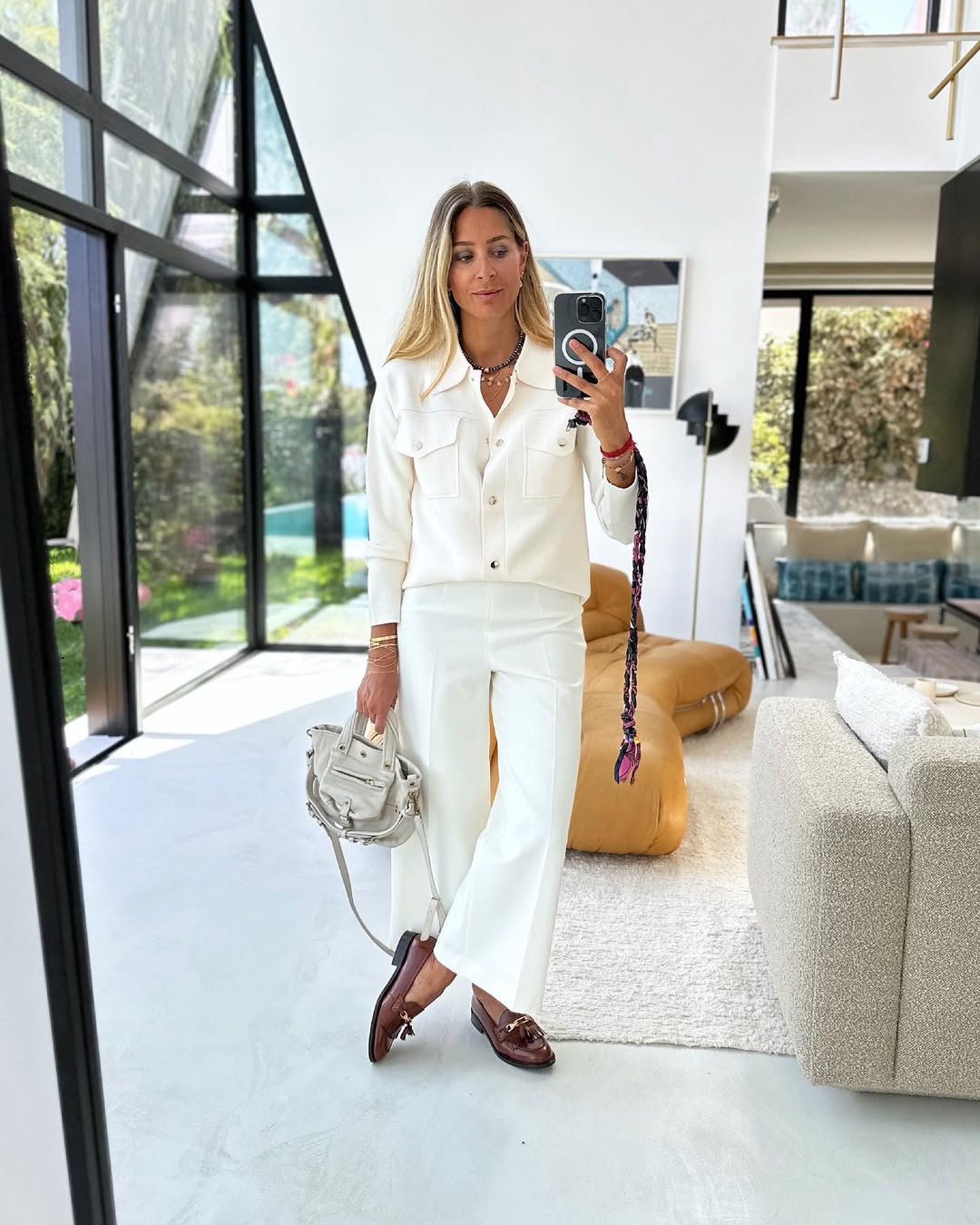 Chic White Set With Brown Loafers For A Polished Look