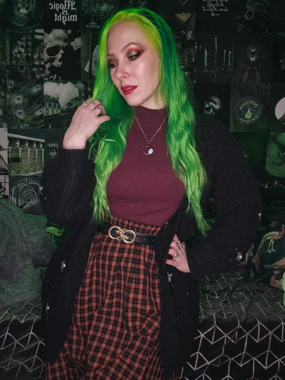 Chic Witchy Vibes With Plaid Skirt And Cardigan