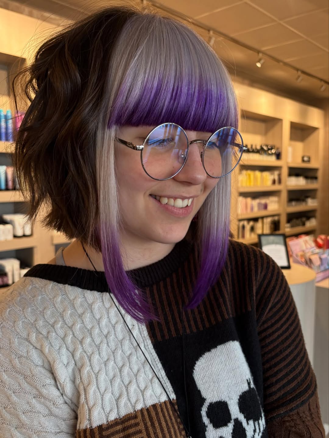 Choppy Pixie Bob With Violet Bangs And Platinum Highlights