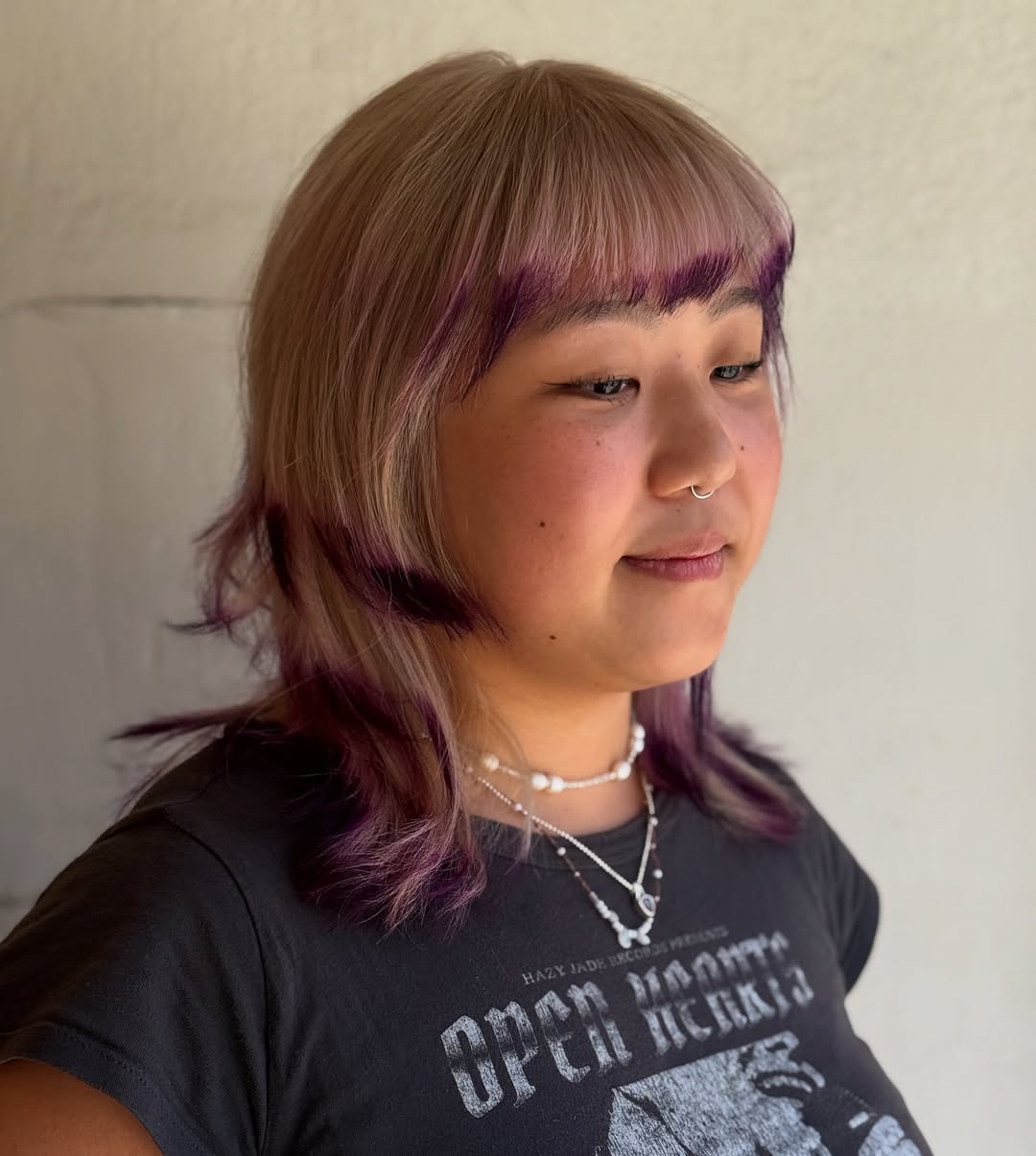 Choppy Purple Streaked Mullet With Blunt Bangs