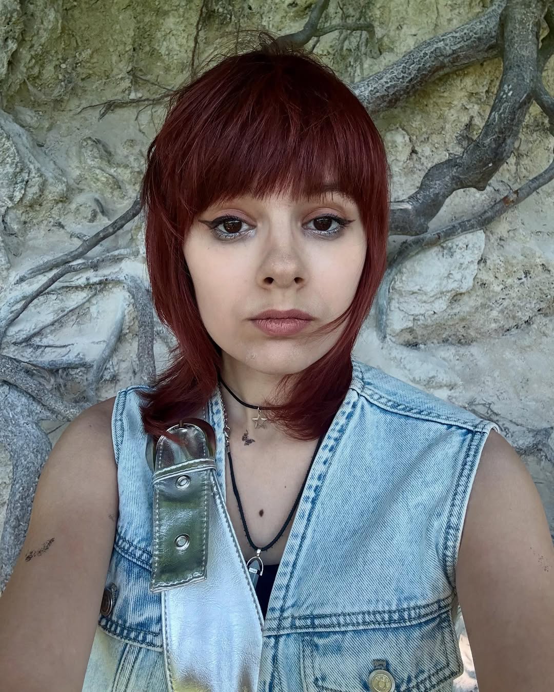 Choppy Shag with Auburn Blunt Bangs