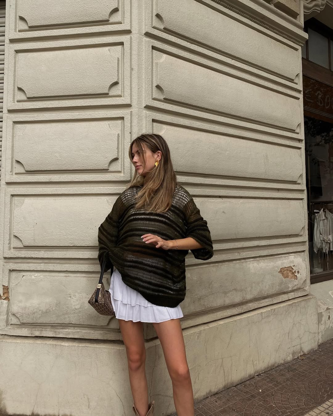 Chunky Knit Sweater Over Mini Skirt Casual Chic