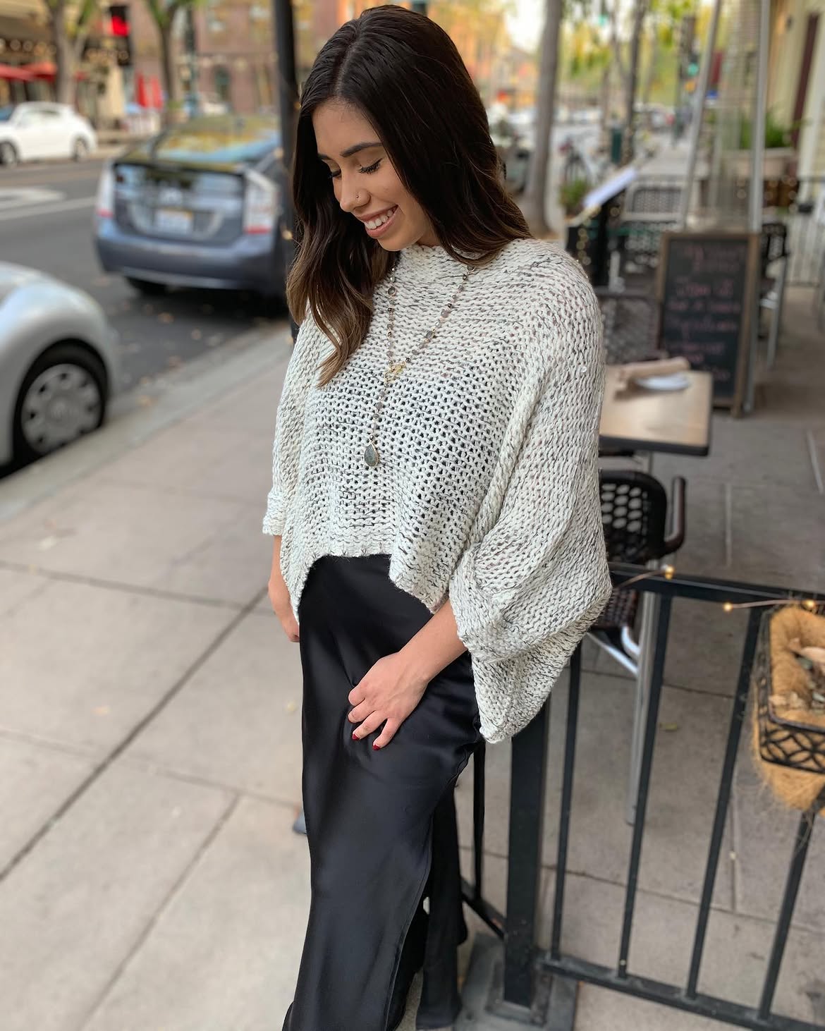 Chunky Knit With Satin Midi Skirt For Fall