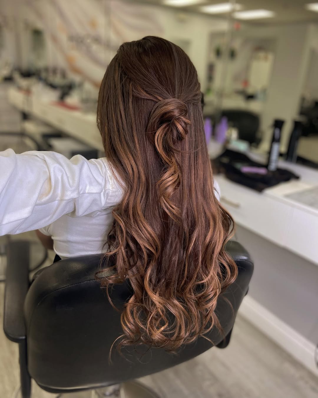 Cinnamon Brown Half-Up Curls With Voluminous Shine