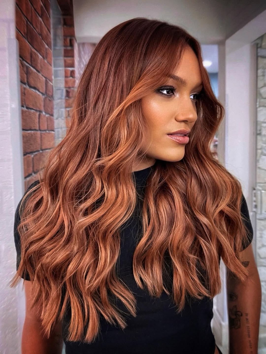 Cinnamon Brown Waves With Face-Framing Curtains