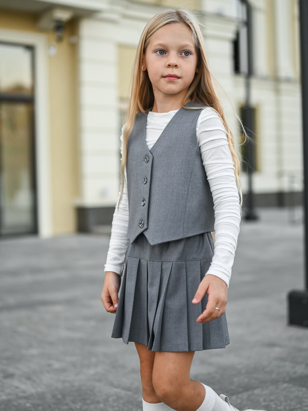 Classic Grey Vest And Pleated Skirt Uniform Style