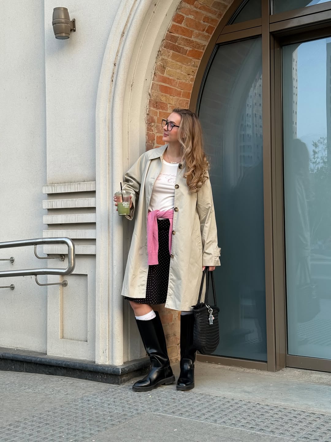 Classic Trench With Polka Dot Mini Dress & Boots