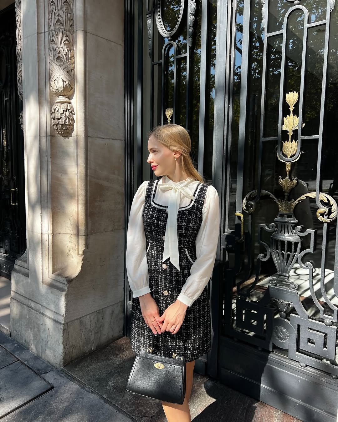 Classic Tweed Pinafore Dress With Bow Blouse