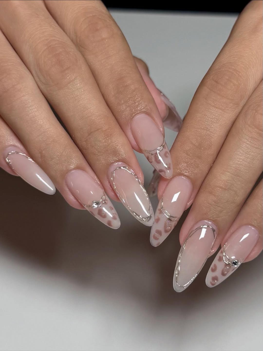 Clear Nude Almond Silver Trim Leopard Print Nails