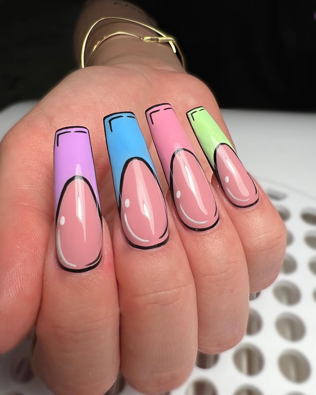 Cool Black Outline Cartoon Nails With Pastels