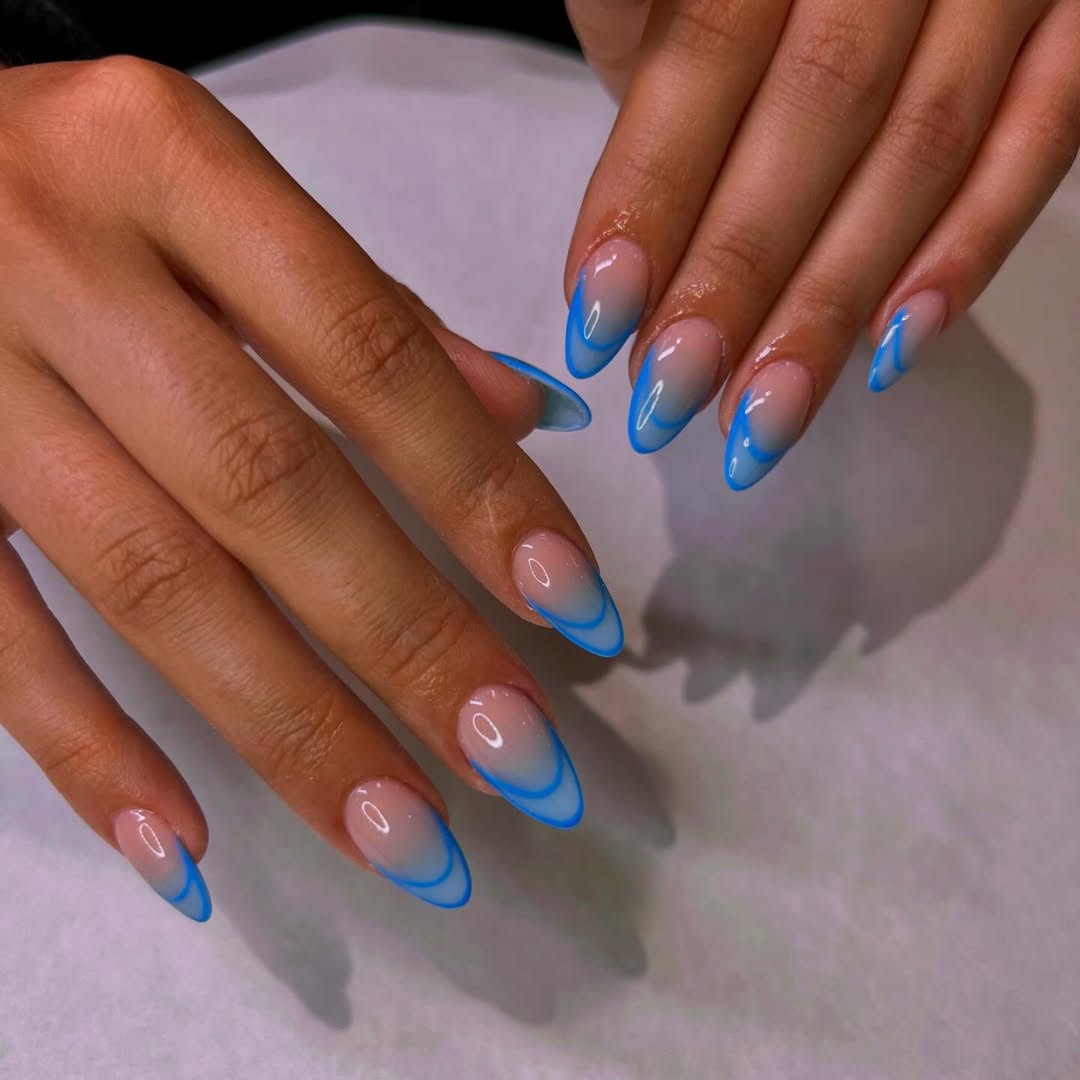 Cool Blue Ombre French Tips Almond Nails