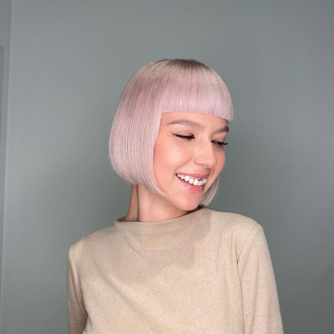 Cool Pink Micro Bob With Blunt Bangs