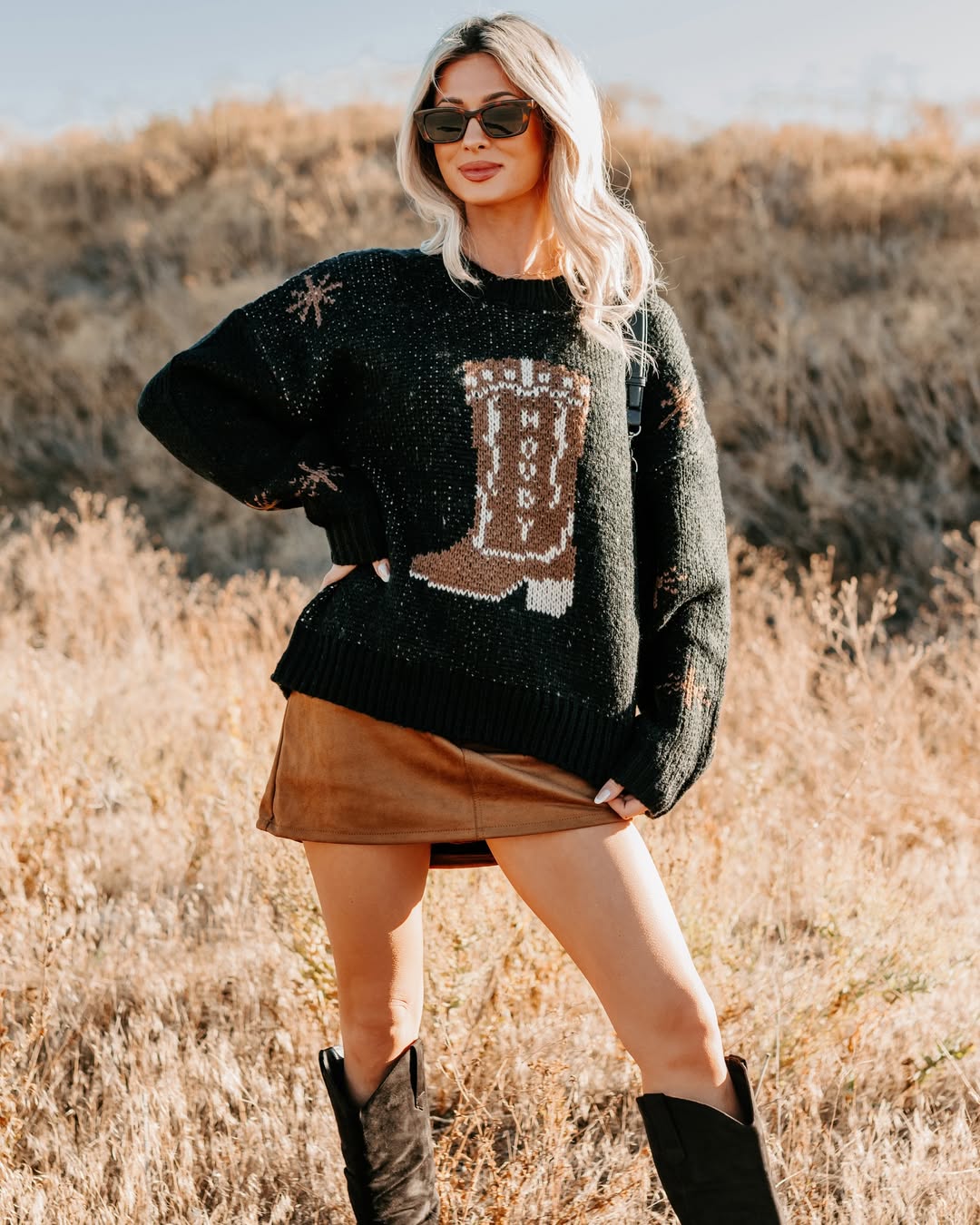 Cowboy Boot Sweater With Suede Skirt