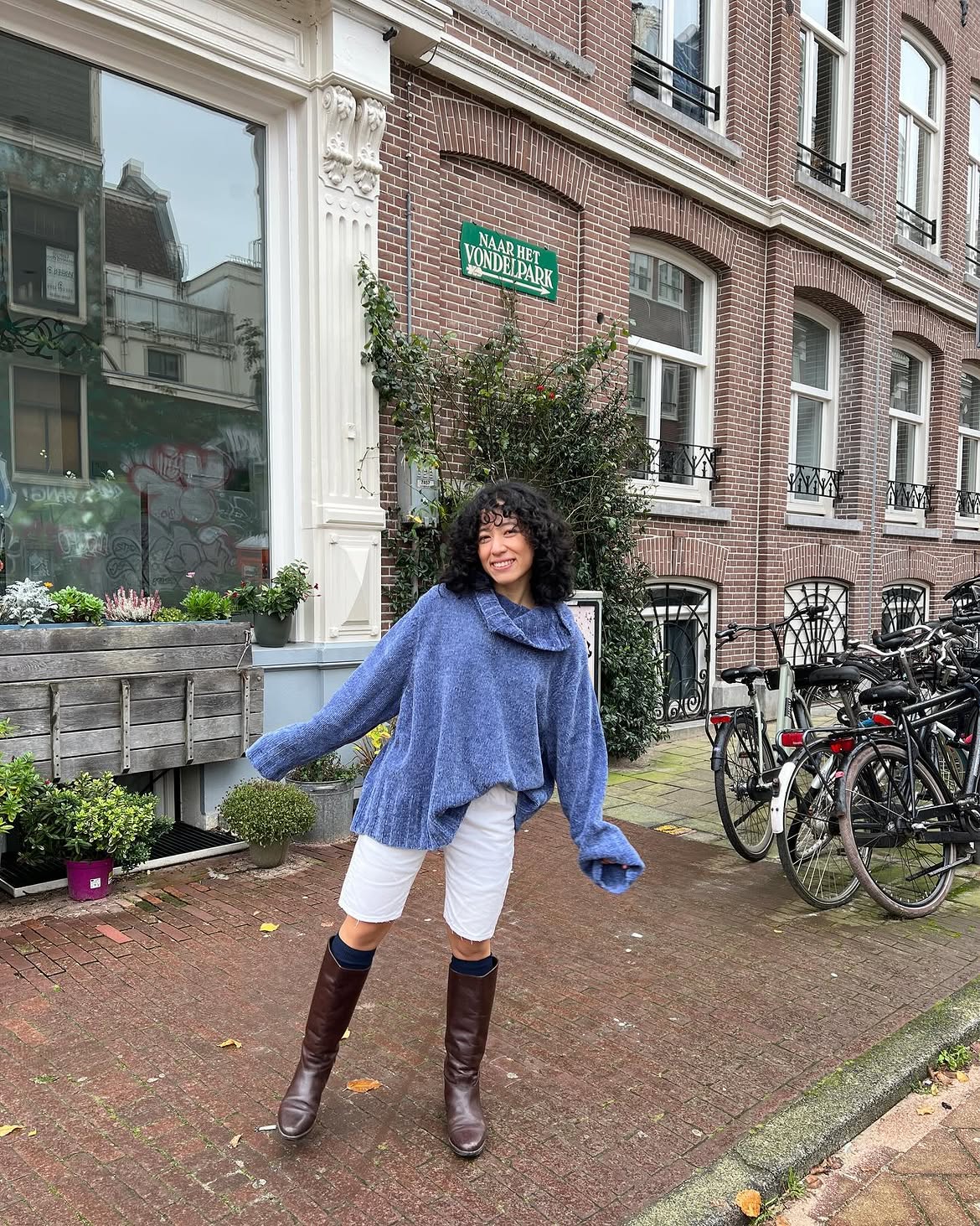 Cozy Blue Sweater And White Shorts With Tall Boots