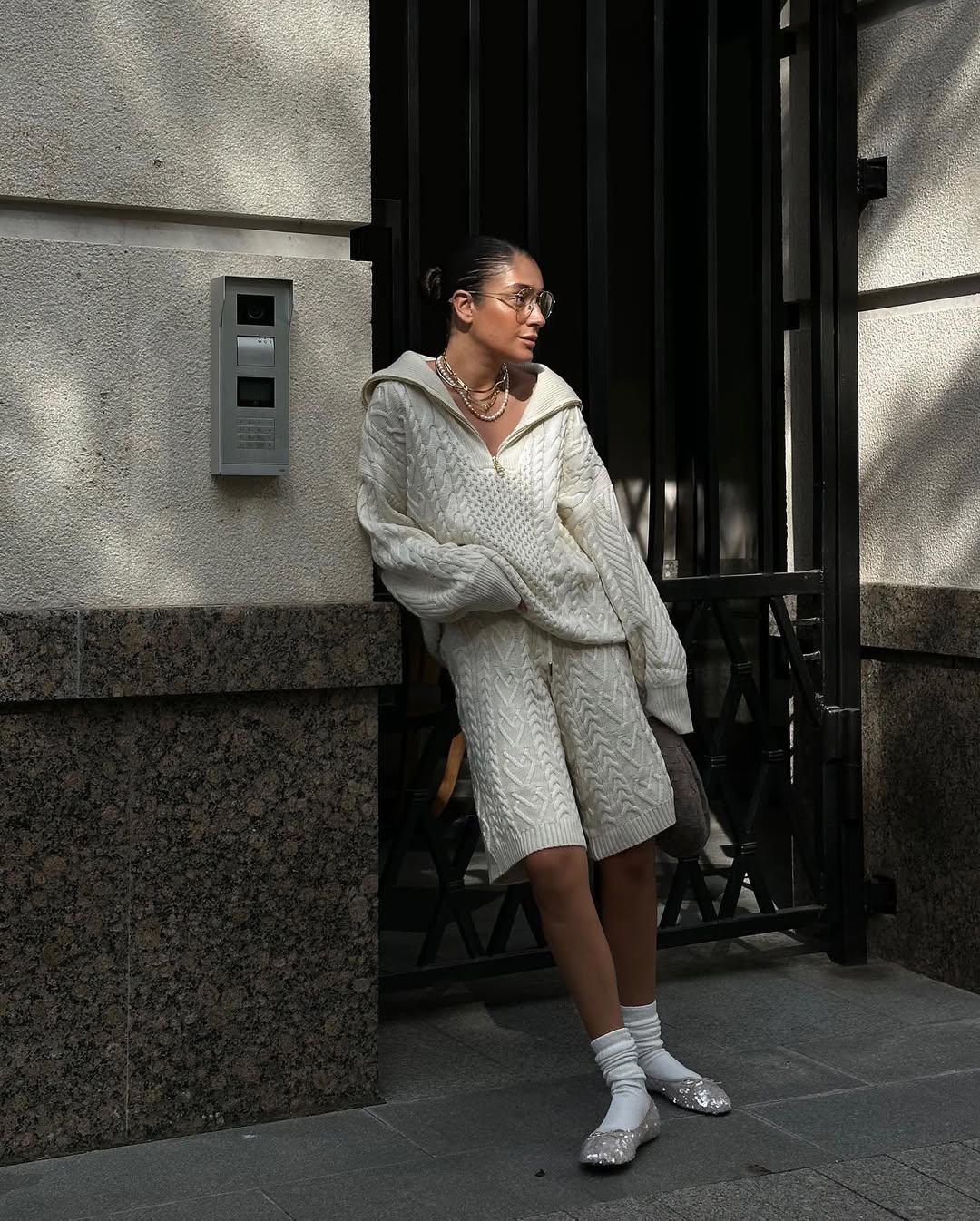 Cozy Cable Knit Set With Pearls
