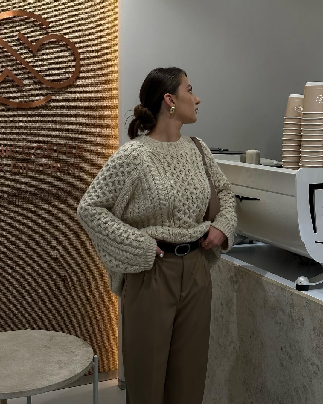 Cozy Cable Knit Sweater And Brown Trousers