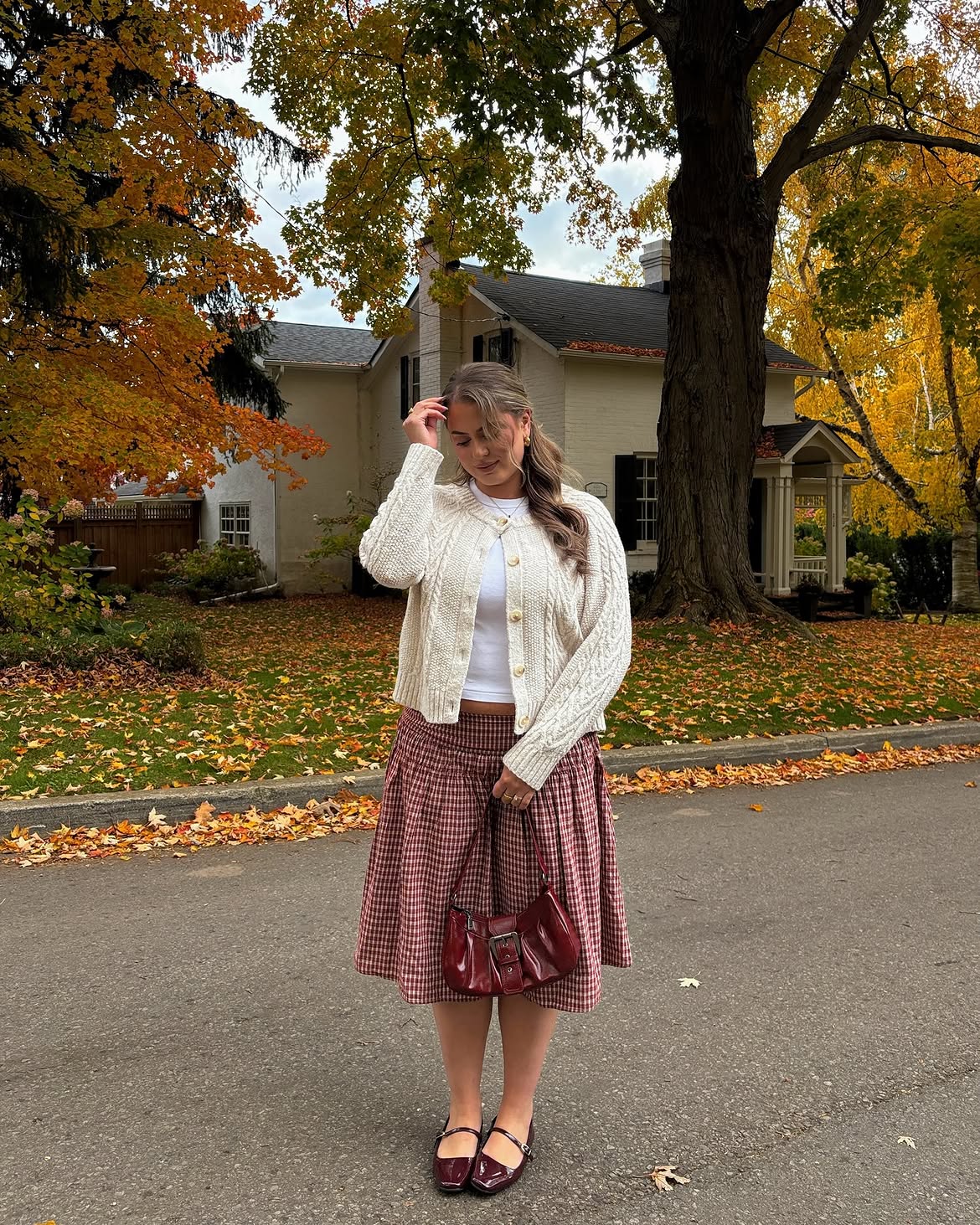 Cozy Cable Knit With Plaid Skirt Fall Look