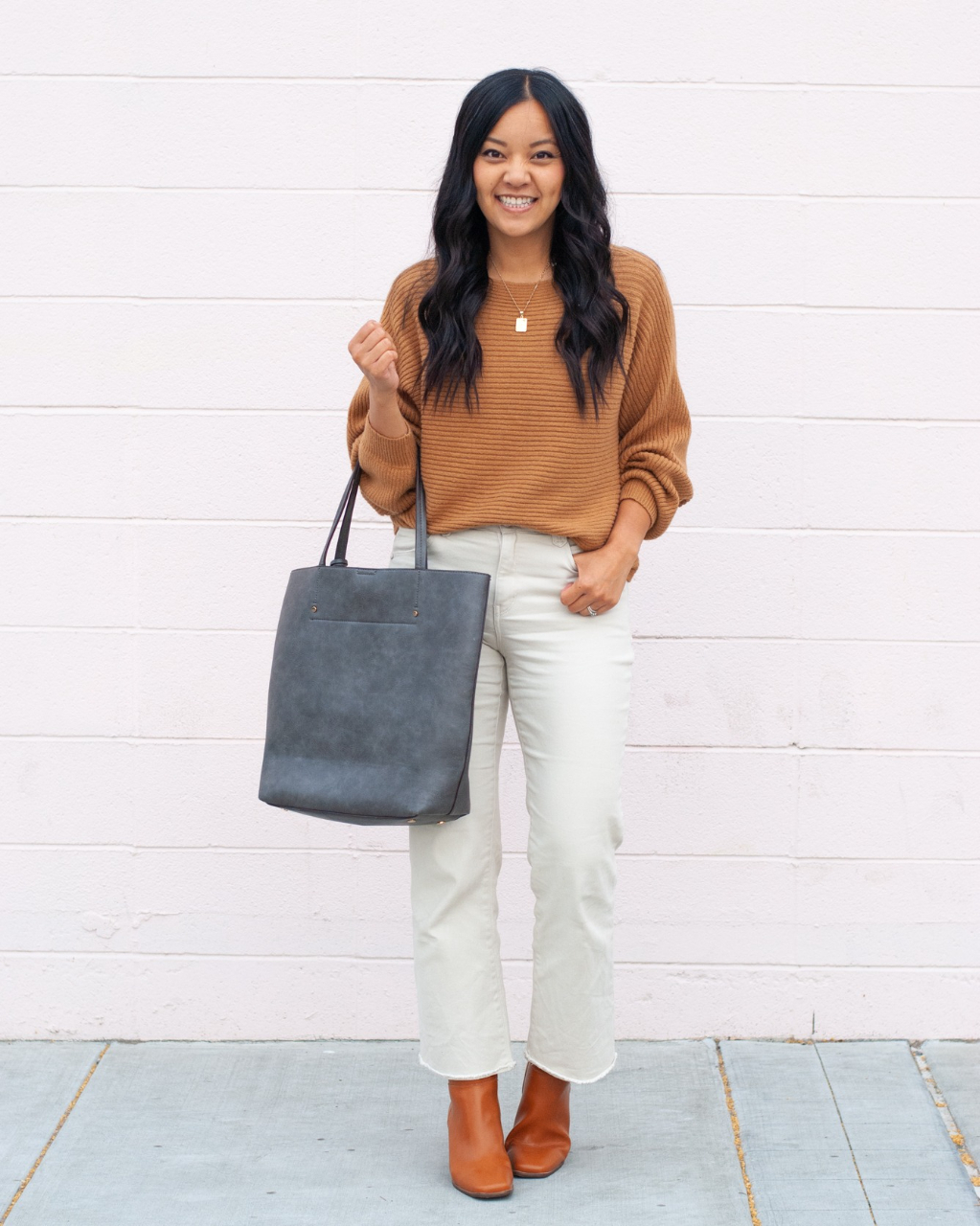 Cozy Camel Sweater With Cream Wide Leg Jeans