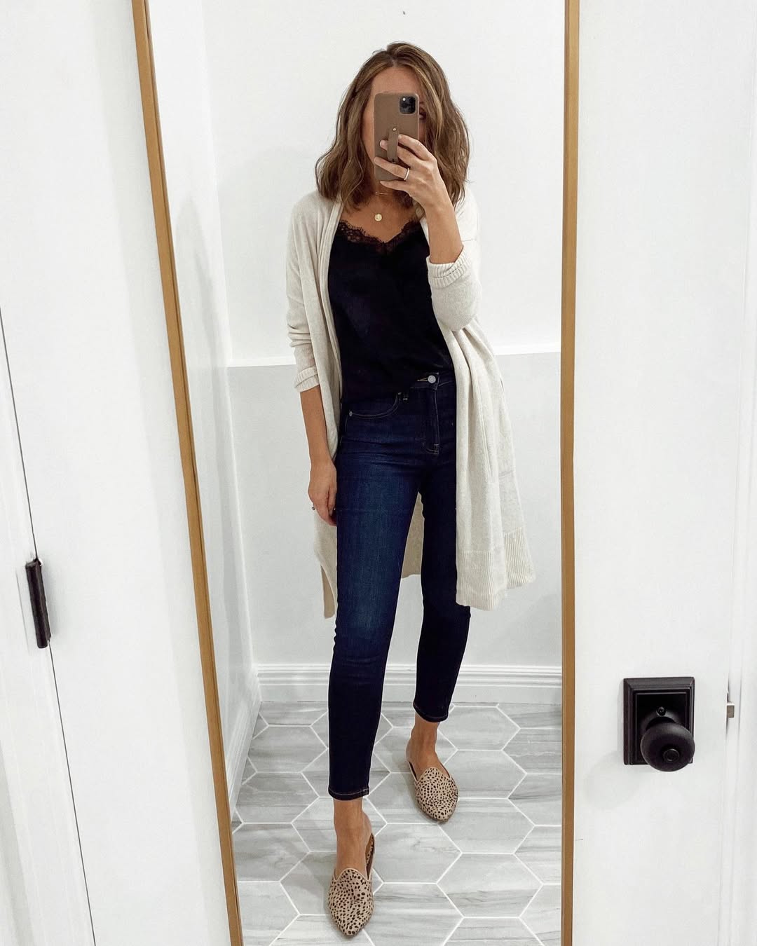 Cozy Cardigan Over Lace Trim Cami And Skinny Jeans