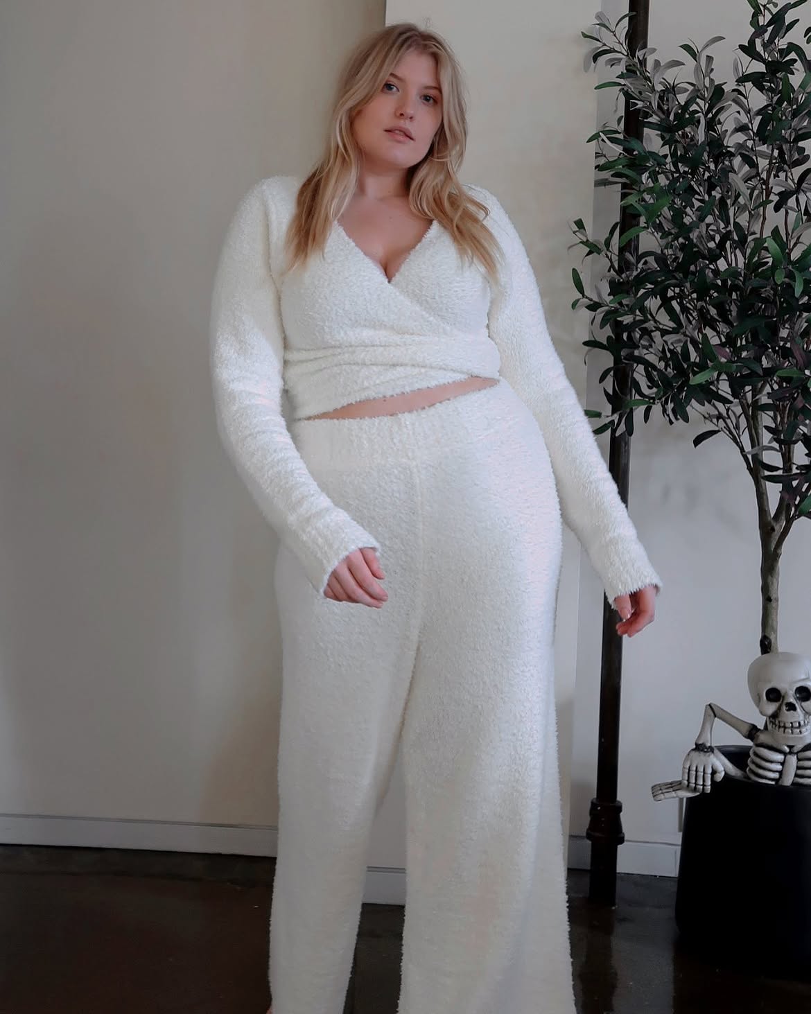 Cozy Cream Knit Wrap Top And Wide Leg Pants Set